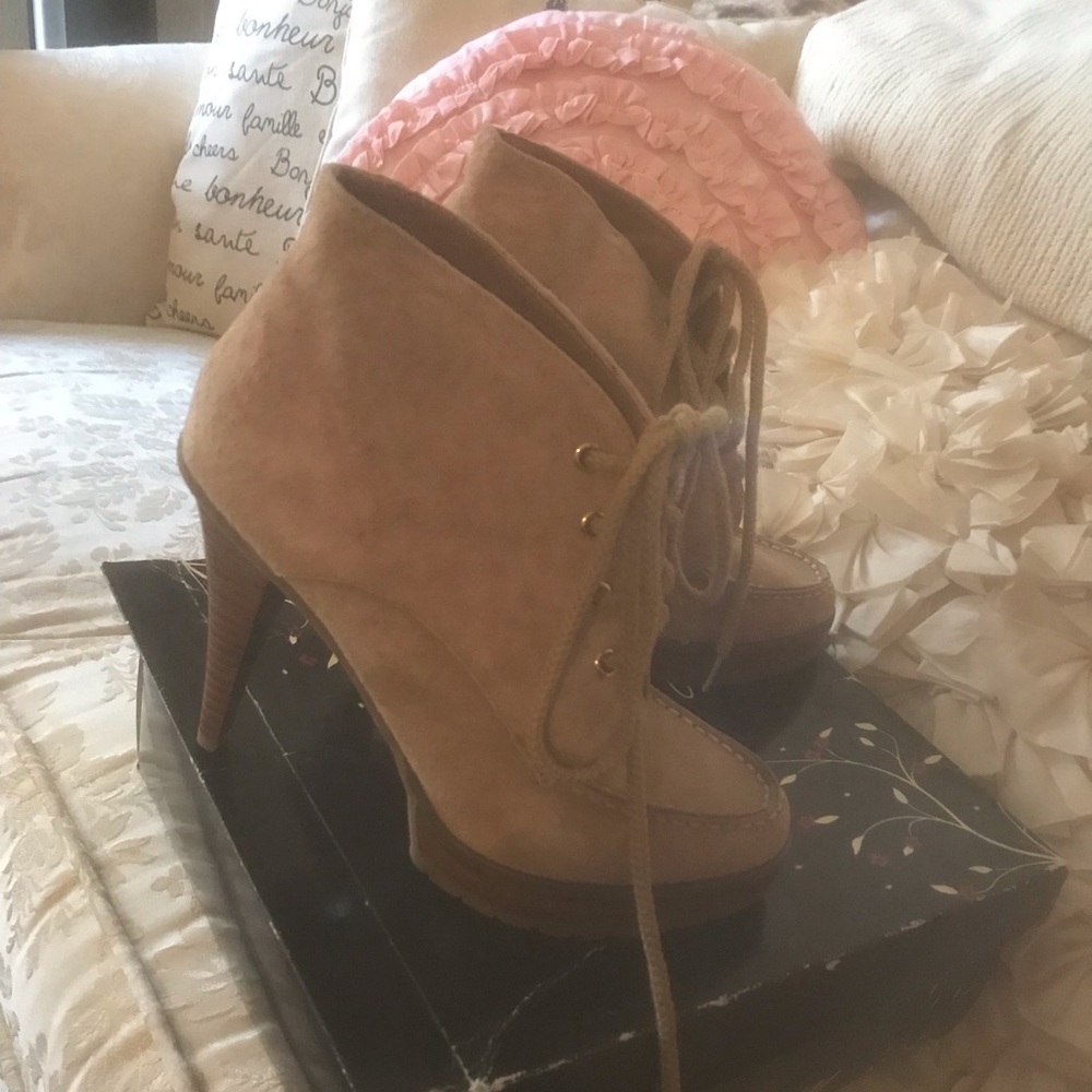 High heel tan suede booties